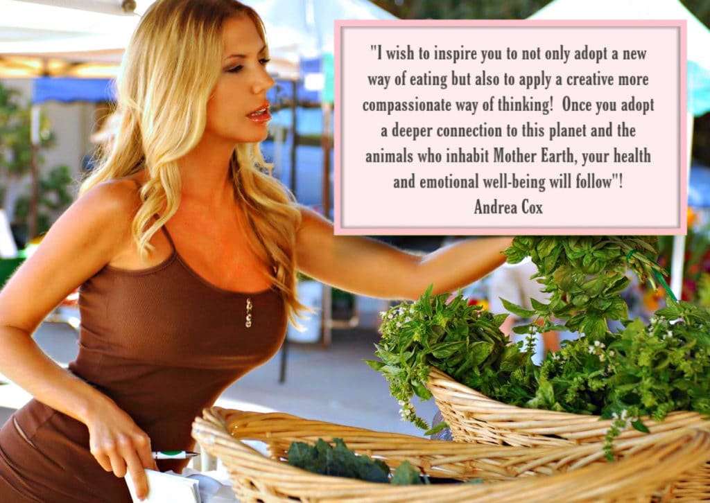 Andrea Cox selecting from basket of herbs with inspirational text overlay